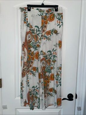 Rachel Zoe Cream Wide-Leg Pants with Orange and Green Floral Print Sz L